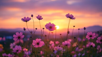 Fototapeta premium Field of flowers at sunset and dawn spring summer background with bright beautiful flowers