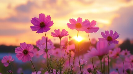 Fototapeta premium Field of flowers at sunset and dawn spring summer background with bright beautiful flowers