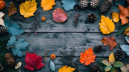 A variety of vibrant autumn leaves and pine cones are artistically arranged on a rustic wooden surface, showcasing the beauty of fall colors.