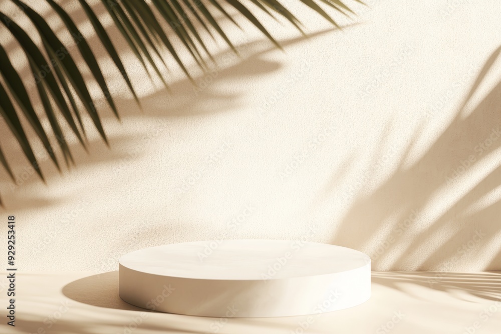 Poster the beige pastel background highlights a round podium with soft shadows from palm leaves, creating a