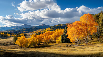 Naklejka premium Golden field at sunset with rolling hills and dense forest in the background. Perfect for rural, nature, and landscape-themed designs.