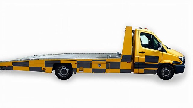 Yellow town truck is ready for towing, showcasing its flatbed design and vibrant color