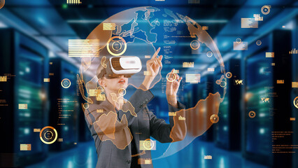Woman selecting point world market data rotating graph analysis monitor by VR future global innovation interface digital infographic network technology virtual hologram animation server. Contraption.