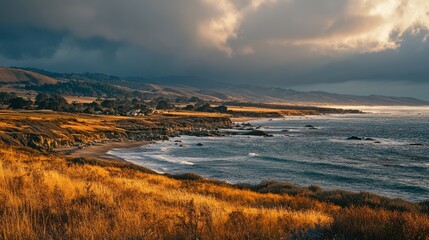 Pristine beach with soft waves gently lapping the shore, framed by distant mountains under a vibrant blue sky. Ideal for travel and nature-themed design