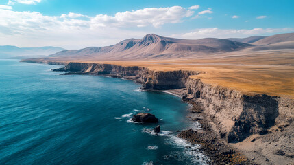 Aerial view of a serene beach with crystal-clear turquoise waters and lush green forest. Perfect for nature, travel, and tropical getaway concepts.