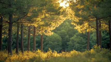 Obraz premium A sunlit forest with golden light filtering through pine trees, creating a warm and inviting atmosphere. Ideal for nature lovers and tranquil forest scenes.