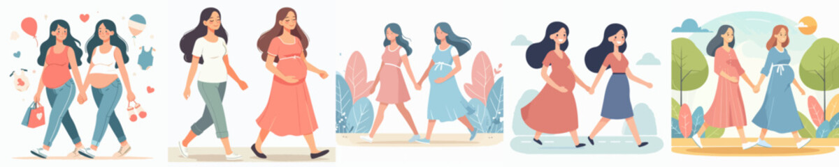 vector set of two pregnant women walking