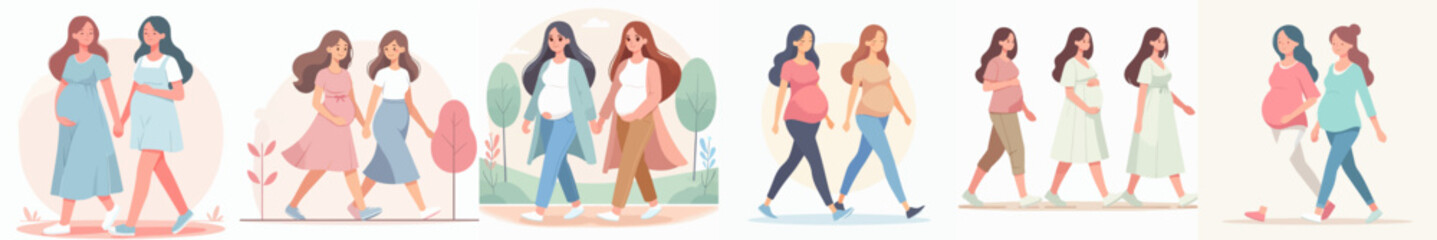 vector set of two pregnant women walking