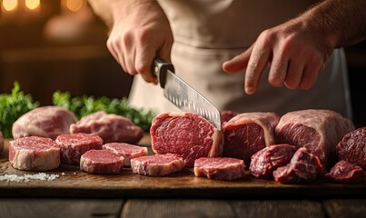 Man in Apron Preparing Meat: Cutting Beef and Lamb with Knife