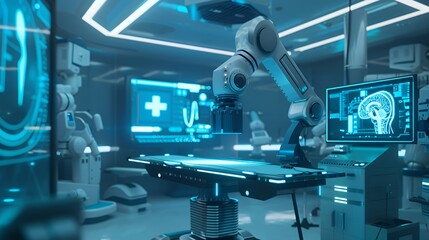 A futuristic laboratory featuring robotic technology and advanced medical equipment.