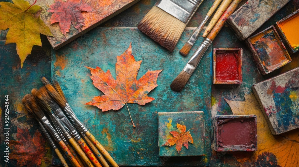 Aufkleber An assortment of paintbrushes and vibrant paint squares are arranged alongside autumn leaves on a textured surface, creating an inspiring atmosphere for artistic expression.