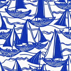 Coastal sail boat in azure ocean blue seamless background, Modern sailing race boat block print for decorative coast interior furnishing fabric . Rustic linen beach cottage trend tile. 