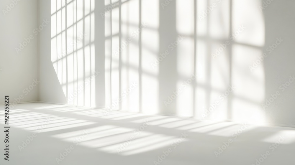 Poster a minimalistic interior with shadows from window panes creating a serene atmosphere.