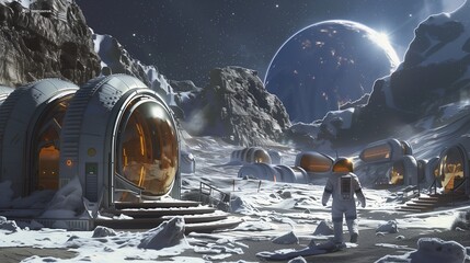 A futuristic lunar base with domed habitats and an astronaut exploring the snowy landscape.