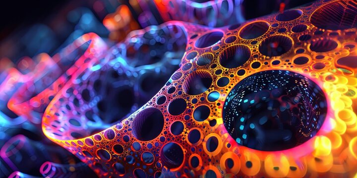 120-cell, polychora, stereographic, neon glow, black background 