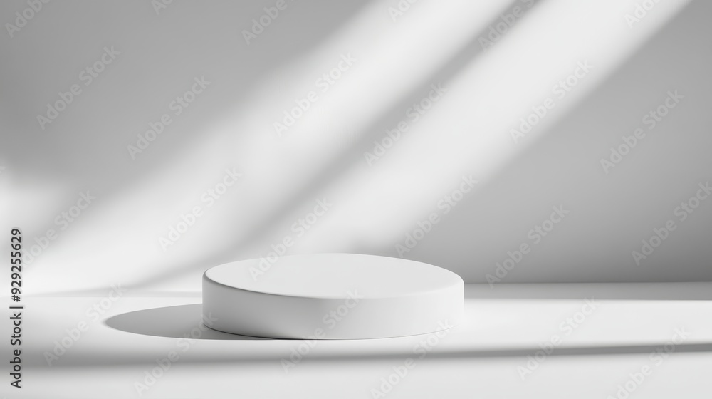 Aufkleber a minimalistic white circular platform casting soft shadows in a bright space.