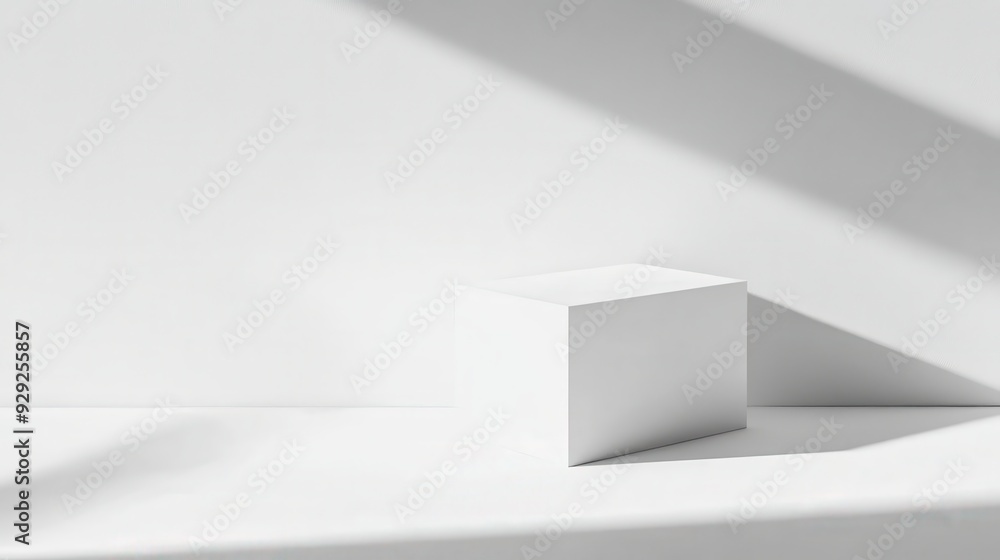 Poster a minimalistic white cube on a surface with soft shadows.