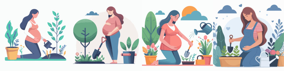 pregnant woman gardening vector set