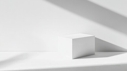 A minimalistic white cube on a surface with soft shadows.