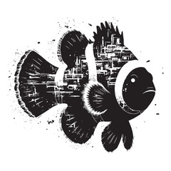 silhouette of Clownfish filled with destroyed futuristic dystopia environment in rough drawing