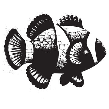 recommend clip art: silhouette of Clownfish filled with graffiti street wall in rough drawing
