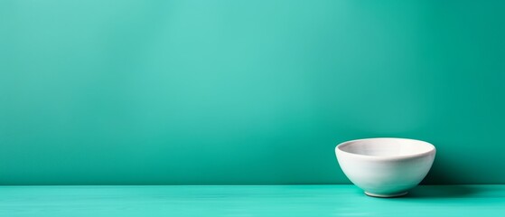  A white bowl atop a table, adjacent to a green wall and backed by a light green one