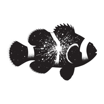 recommend clip art: silhouette of Clownfish filled with space and sci-fi element in rough drawing