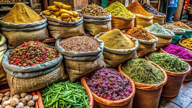 Vibrant wholesale market in Khari Baoli, Old Delhi, displaying an array of pure medicinal raw herbs in sacks, promoting traditional Indian Ayurvedic healthcare practices.