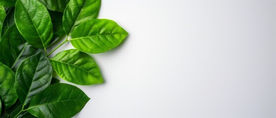  A white surface with a arrangement of green leaves resting atop it, allowing room for text superimposition above