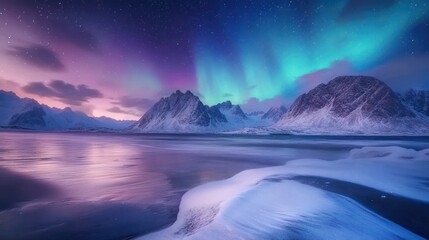 Naklejka premium Aurora Borealis over Snowy Mountains