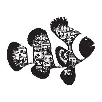 recommend clip art: silhouette of Clownfish filled with vintage punk's poster collage wall in rough drawing