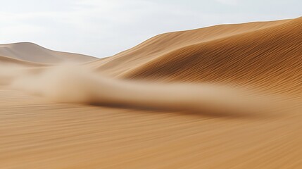   A clear picture of a desert with sand swirling in the foreground and distant hills against a blue sky background