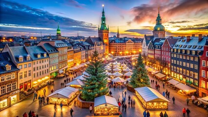 Vibrant winter scene of festive stalls and twinkling lights at a bustling Christmas market in Copenhagen, surrounded by historic architecture and joyful atmosphere.