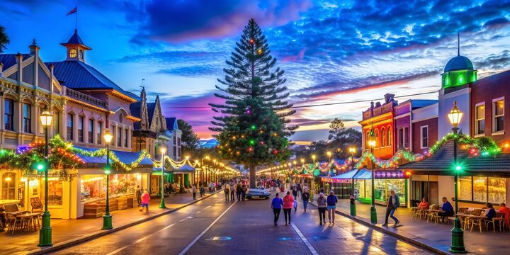 Vibrant winter festival atmosphere in Kiama, Illawarra, South Coast, New South Wales, Australia, as colorful lights and decorations adorn streets and buildings on a chilly July evening.