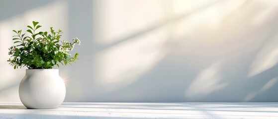  A white table holds a vase with a verdant plant Sunlight filters through the window, illuminating the scene against a pristine white wall