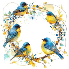 Obraz premium Watercolor Illustration of Bird Chaplet in Yellow and Blue Tones