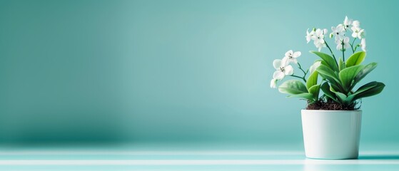  A tight shot of a white-flowered potted plant against a light blue backdrop Green wall in the distance