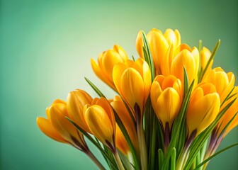 Naklejka premium Vibrant yellow crocuses bloom in a stunning corner arrangement on a soft light green background, symbolizing spring's arrival, with ample space for overlayed text.