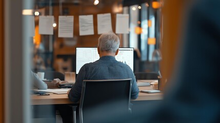 Senior IT specialist working on a desktop computer with code and graphs on screen in a modern office.