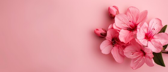 Fototapeta premium A pink background featuring a bouquet of flowers in shades of pink, with an allocated space for text or image insertion