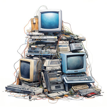 generated illustration stack of outdated computer, monitors and wires against white background