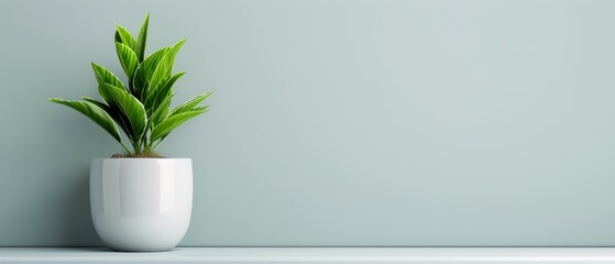  A potted plant atop a table, near a blue wall and a white vase holding a green plant