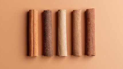 Five cinnamon sticks of different shades arranged in a row on beige background. Flat lay, top view. Spice concept.
