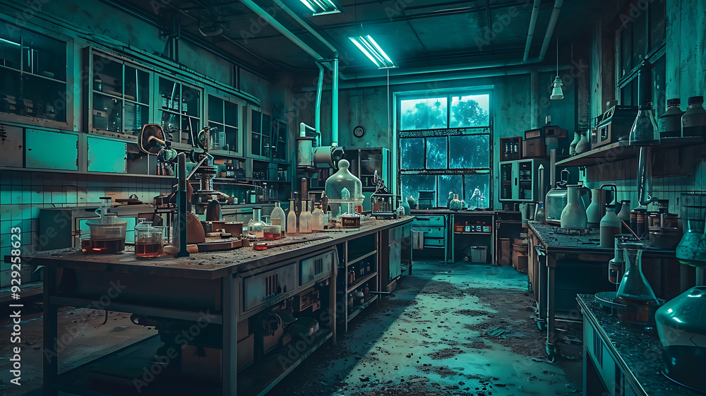 Poster an elaborate laboratory scene with scientists conducting complex experiments