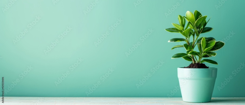 Sticker a green potted plant sits atop a wooden table, facing a teal green wall in the room