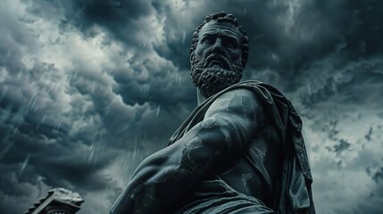 Statue of Roman emperor against cloudy sky. History, power, leadership, and historical figures.