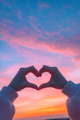 Fototapeta premium Hands forming a heart shape against a colorful sunset sky, perfect for conveying themes of love, connection, and romance in vibrant outdoor settings.