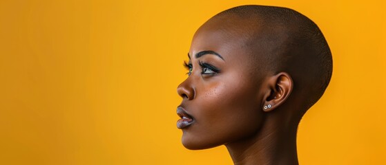 Portrait of a beautiful young woman with a shaved head on a vibrant yellow background. Free copy space for text.