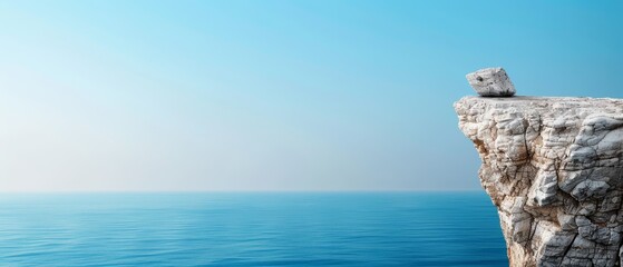  A bird perched atop a water-surrounded rock outcropping