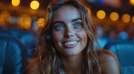 Fototapeta premium A young woman with freckles and blue eyes smiles brightly while sitting in a cinema, her face highlighted by warm lights, indicating her excitement and enjoyment of the film.